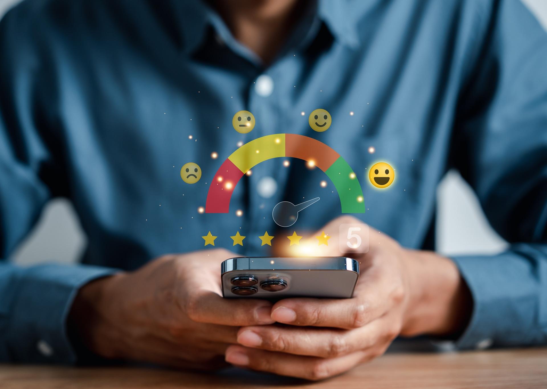 Smartphone zeigt Bewertung mit Emoticons | LED-Messestand